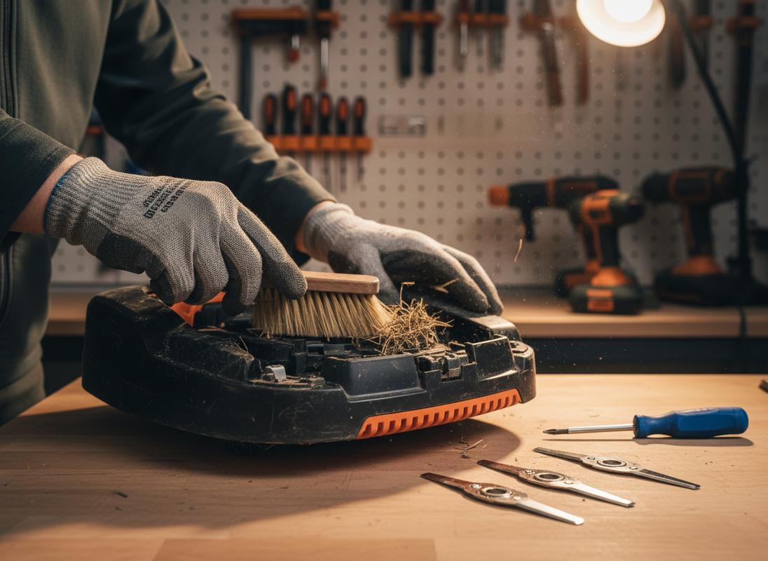 Une personne gantée brosse le dessous d'un robot tondeuse pour enlever l'herbe, à côté de lames neuves et d'un tournevis sur un établi d'atelier éclairé.