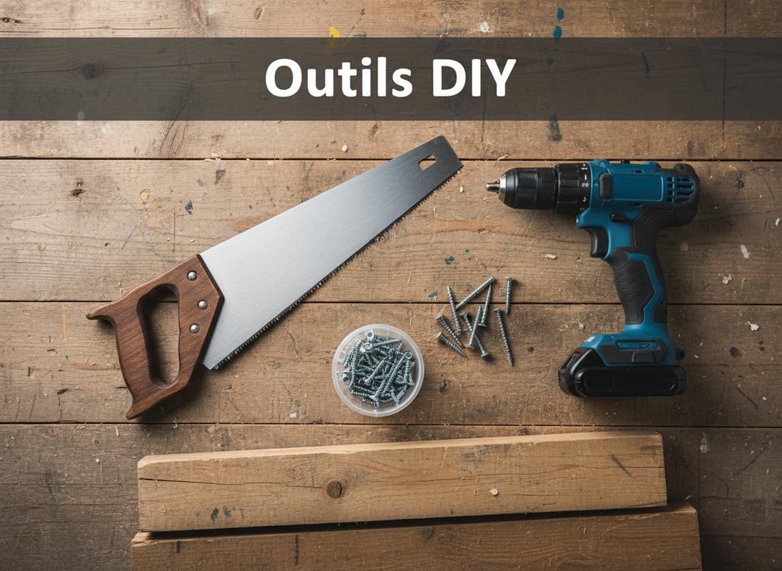 Vue en plongée d'une scie à main, d'une perceuse et de vis sur un établi en bois rustique avec le texte Outils DIY.