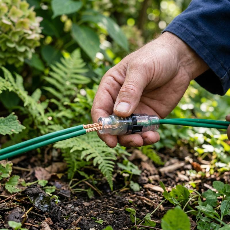 Main installant un connecteur étanche rempli de graisse silicone sur un câble périphérique vert pour le protéger de l'oxydation hivernale dans un jardin.