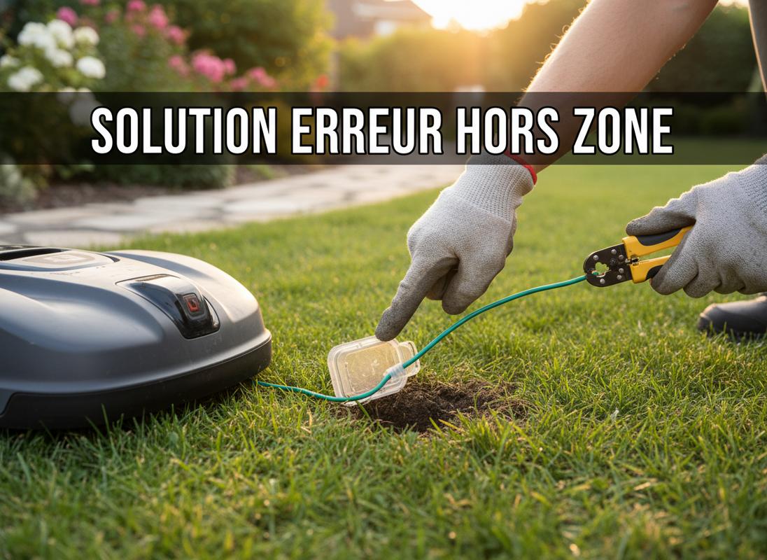 Mains inspectant un câble périphérique vert et pointant un connecteur près de la base de recharge d'un robot tondeuse avec le texte Solution Erreur Hors Zone.