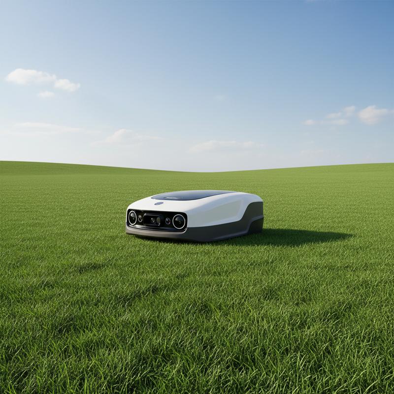 Robot tondeuse Dreame A2 au design futuriste circulant sur une pelouse dégagée en mettant en évidence ses caméras et capteurs frontaux intégrés.