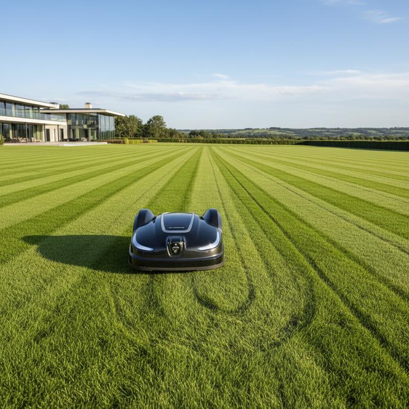 Robot tondeuse Dreame A3 AWD Pro tondant la pelouse d'un vaste domaine devant un manoir moderne avec des traces de coupe nettes en forme de U.