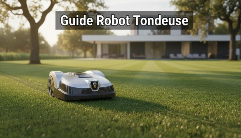 Robot tondeuse automatique tondant une pelouse verdoyante devant une villa moderne sous une lumière dorée avec l'inscription Guide Robot Tondeuse.