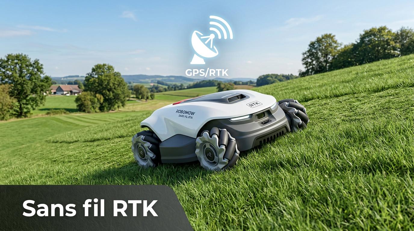 Robot tondeuse Mammotion LUBA 2 AWD blanc sur une pelouse en pente avec icône satellite et texte Sans fil RTK.