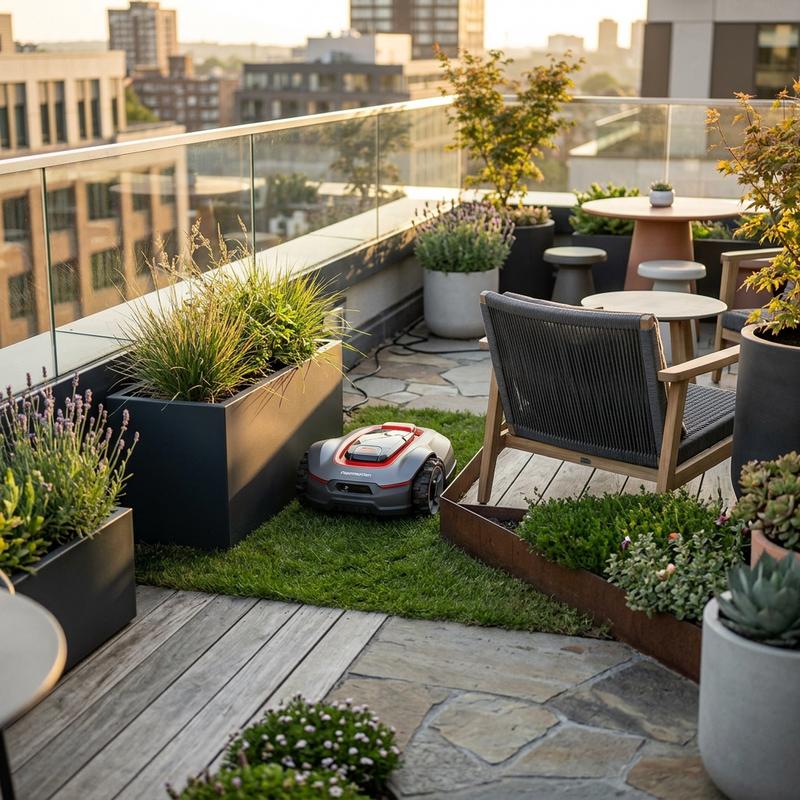 Robot tondeuse Mammotion Yuka Mini 2 circulant avec agilité entre meubles de jardin sur une terrasse urbaine sous une lumière chaude de fin d'après-midi.