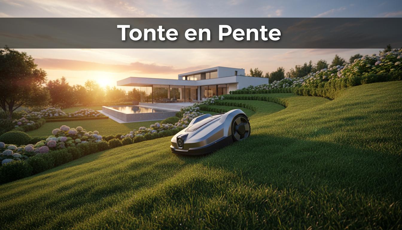 Robot tondeuse moderne gravissant une pente de pelouse impeccable au coucher du soleil avec l'inscription Tonte en Pente.