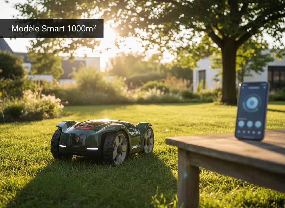 Petit garage en bois sur une pelouse abritant un robot tondeuse vert foncé avec toit entrouvert et texte Protégez votre robot.