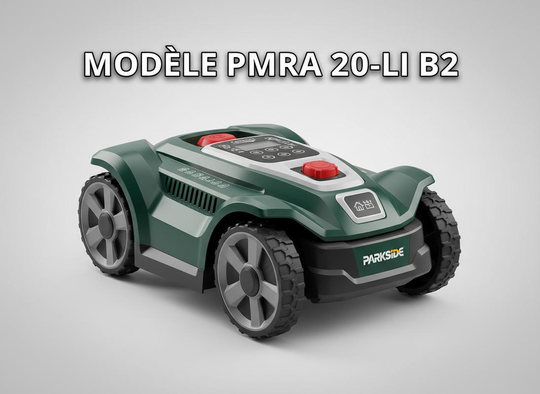Robot tondeuse Parkside PMRA 20-Li B2 mettant en évidence son panneau de contrôle et ses roues robustes sur un fond gris clair studio.