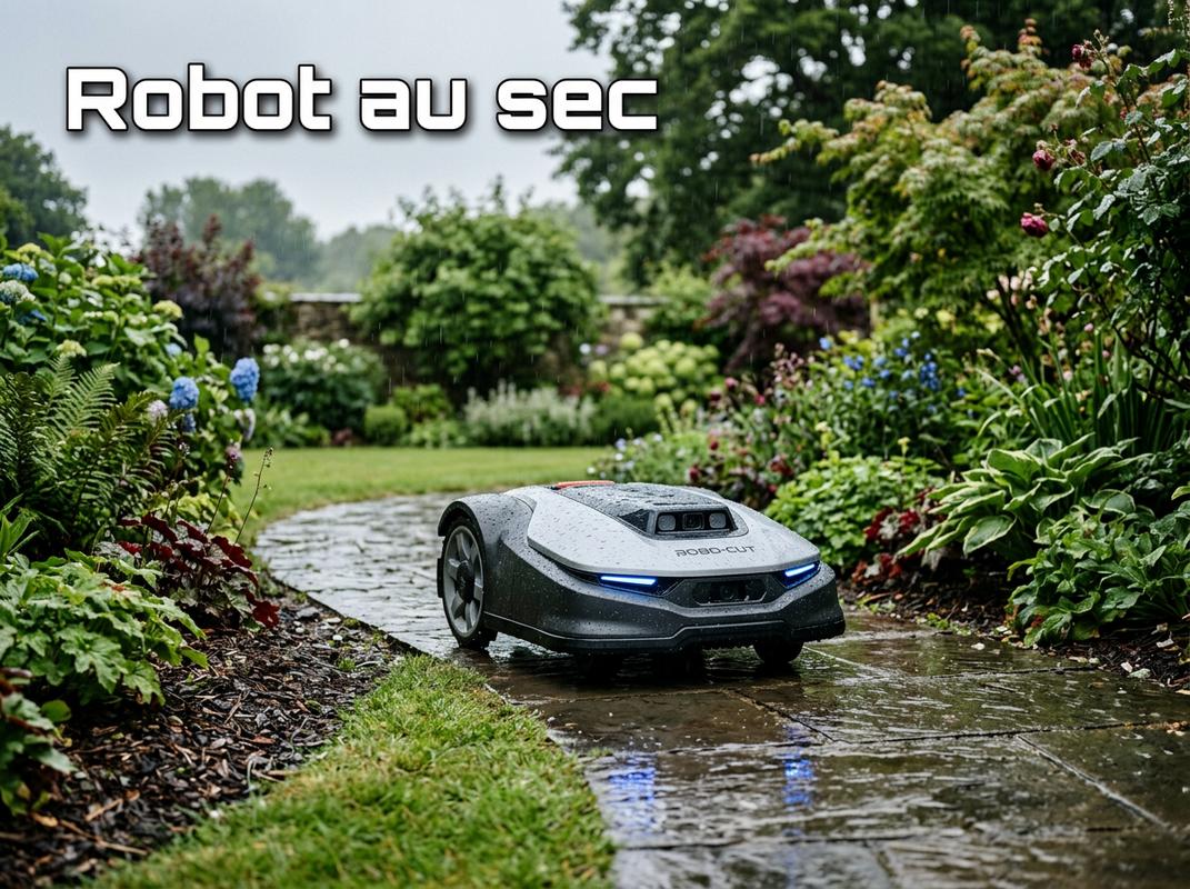 Robot tondeuse moderne sur un chemin mouillé par la pluie dans un jardin soigné, avec le texte Robot au sec.