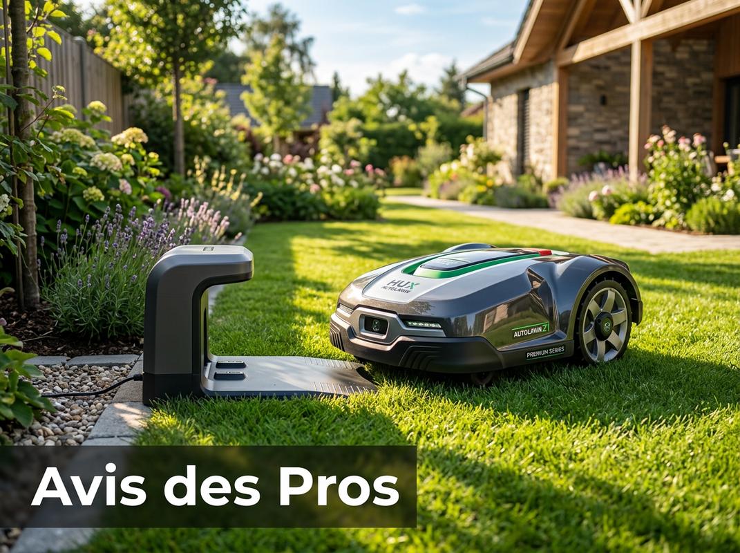 Abri en bois pour robot tondeuse avec toit incliné et parois ajourées sur une terrasse, accompagné d'outils et du texte Achat ou DIY.