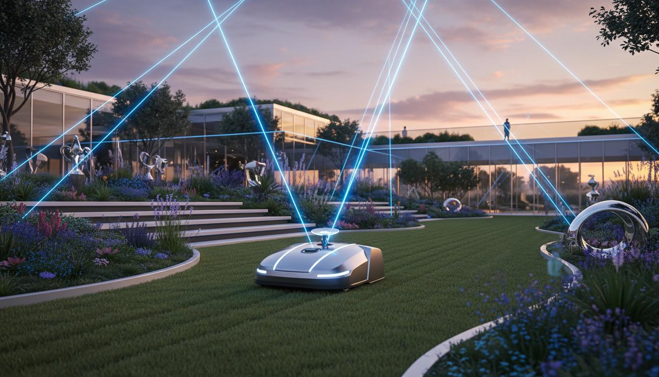 Robot tondeuse futuriste tond une pelouse verte au coucher du soleil, guidé par signaux satellites RTK sans fil.