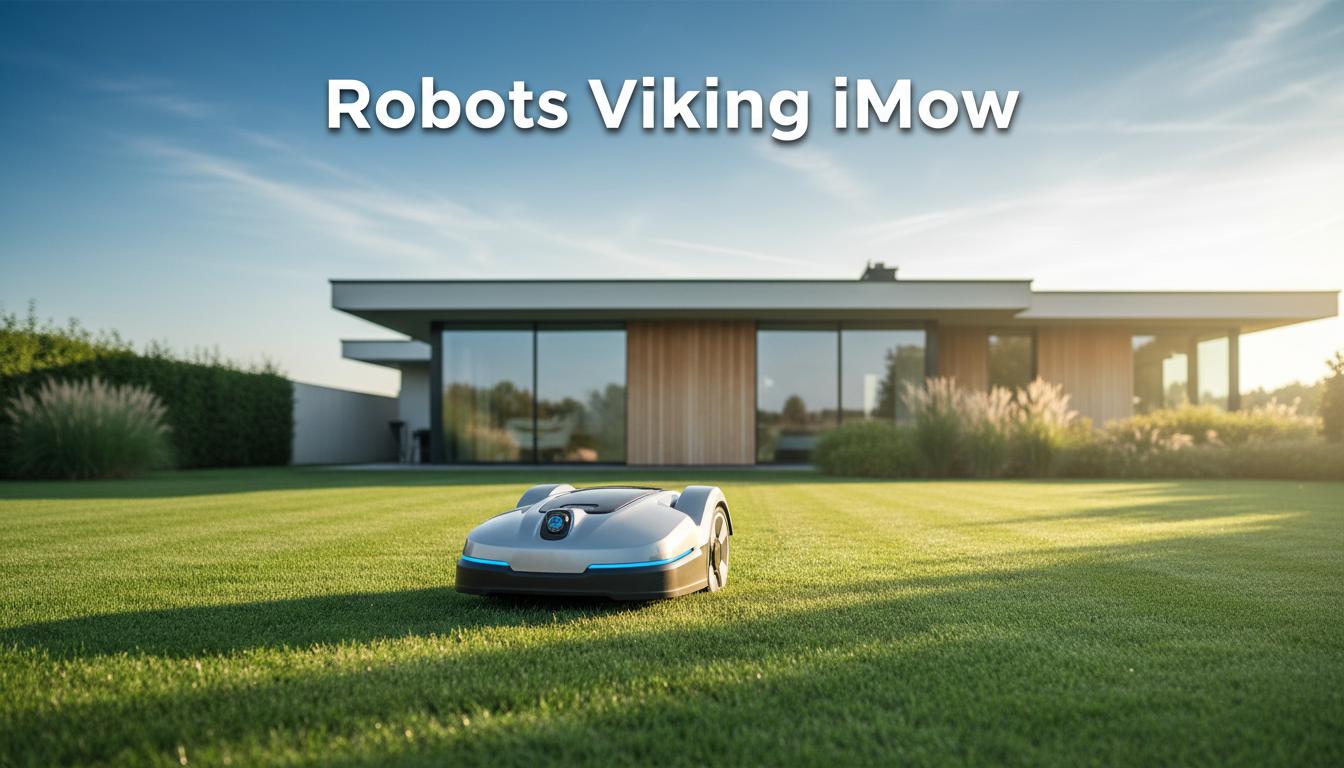 Robot tondeuse Viking iMow tondant une pelouse impeccable devant une villa contemporaine sous la lumière matinale.