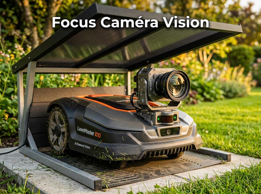 Détail du capteur caméra Cyber Vision d'un robot tondeuse Landroid Vision sous son abri Worx WA0821 avec texte Focus Caméra Vision.