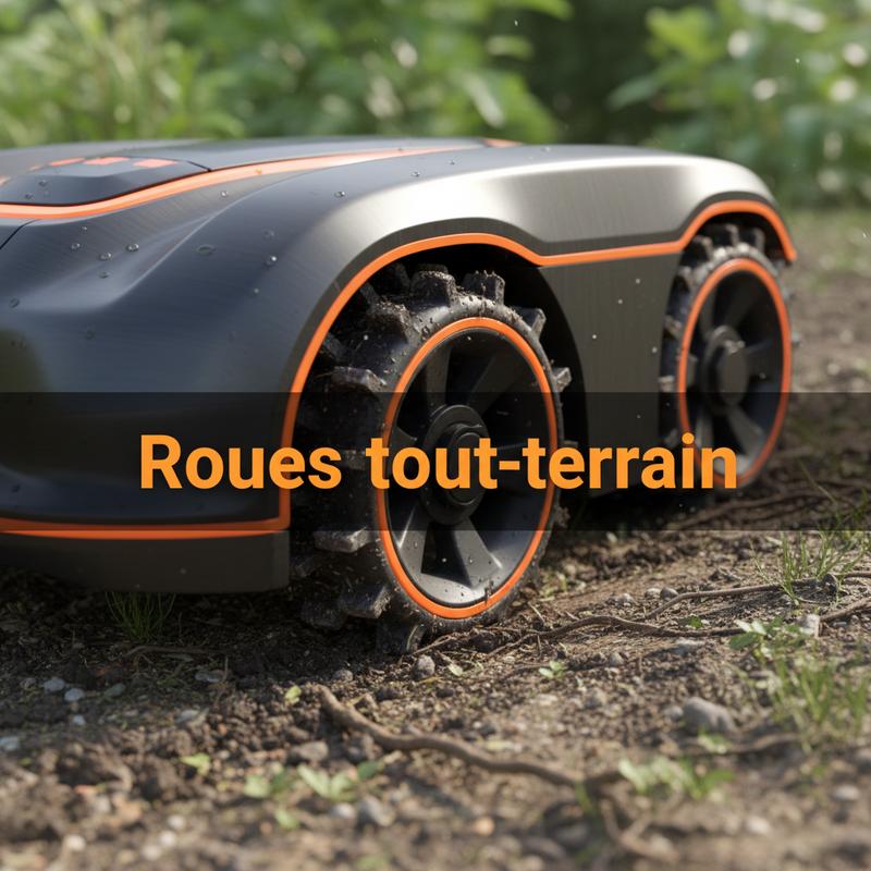 Gros plan sur les roues crantées d'un robot tondeuse Worx Landroid orange agrippant un sol boueux incliné avec texte Roues tout-terrain.