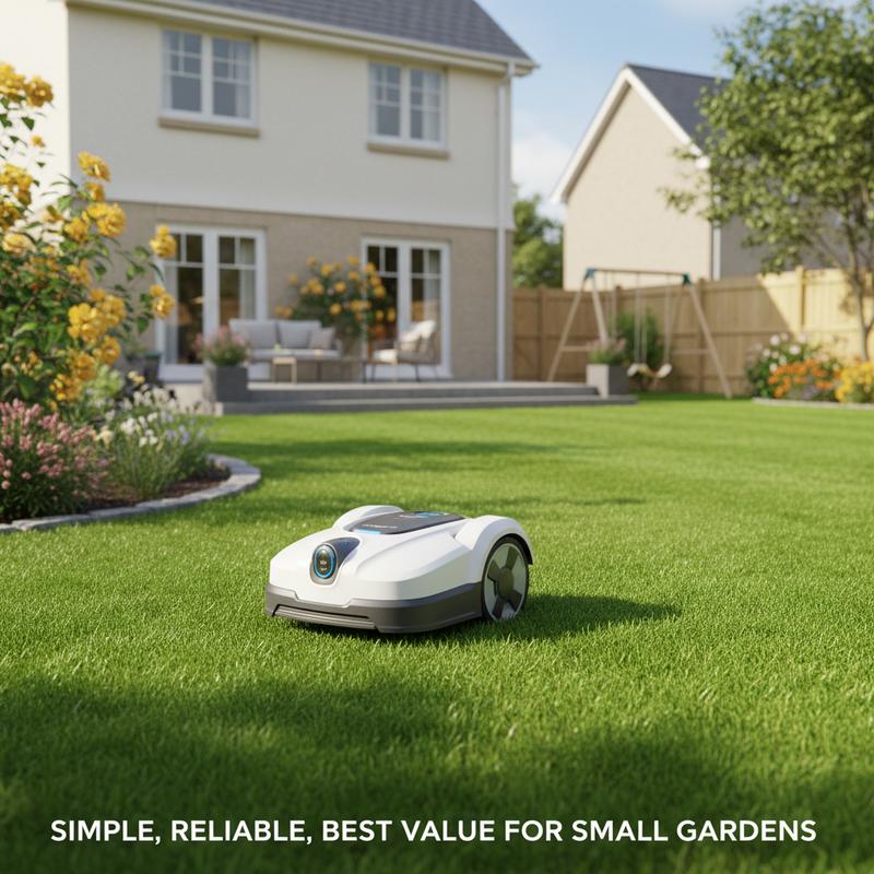 Robot tondeuse Segway Navimow i105 tondant une pelouse verte et plane dans le jardin ensoleillé d'une maison de banlieue.