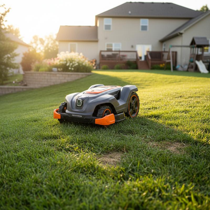 Robot tondeuse Segway Navimow i205 AWD aux accents orange gravit une pelouse résidentielle vallonnée sous la lumière vive du matin.