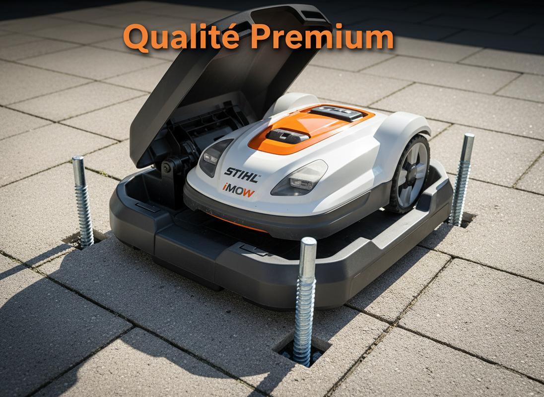 Vue plongeante d'un robot de tonte STIHL orange et blanc aligné dans sa station de charge iMOW avec capot de protection et texte Qualité Premium.