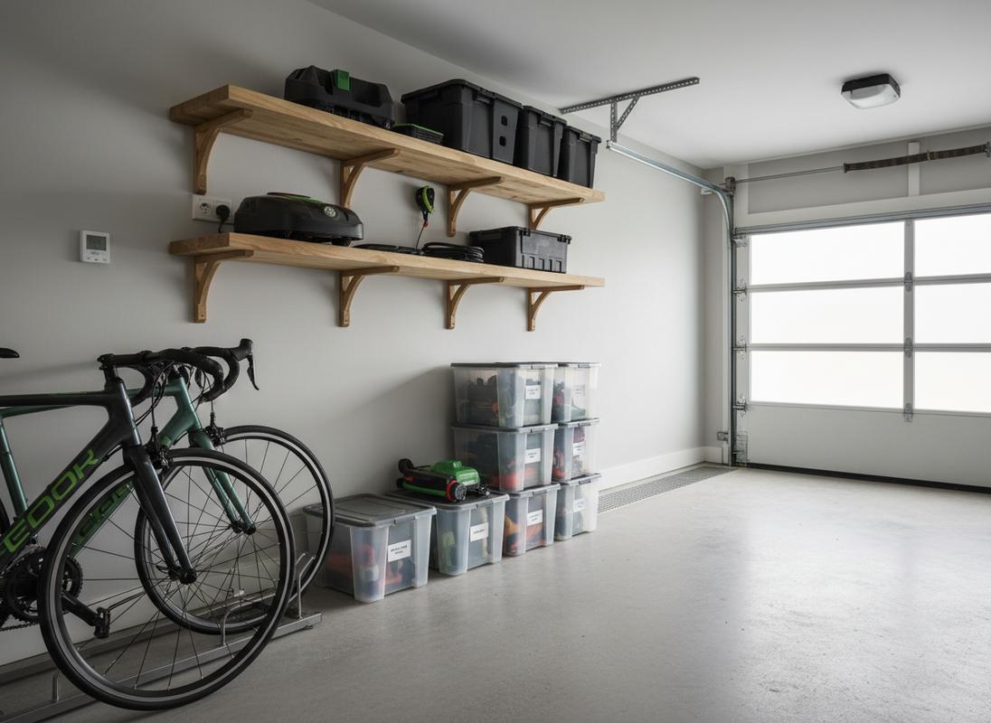 Un robot tondeuse est entreposé sur une étagère en bois dans un garage moderne et sec, illustrant des conditions de stockage hivernales optimales.