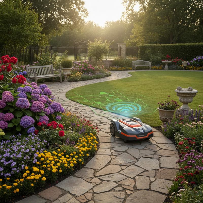 Robot tondeuse Husqvarna Automower 450X NERA circulant entre un massif de fleurs et une allée en pierre avec des ondes radar et une carte virtuelle translucide.