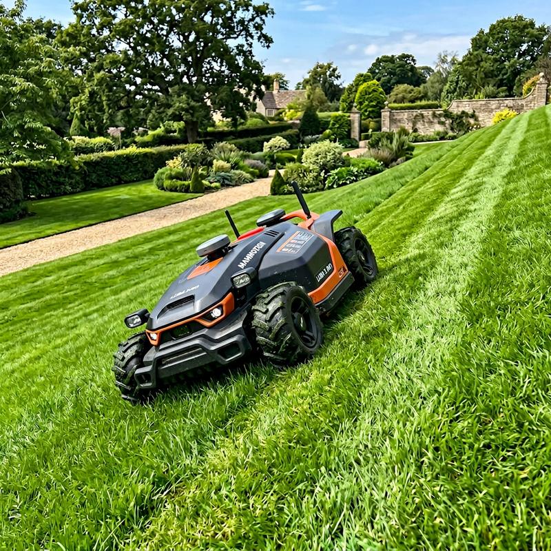 Robot tondeuse Mammotion LUBA 3 AWD au design sportif gravissant une pente de pelouse très raide sous une lumière naturelle claire.