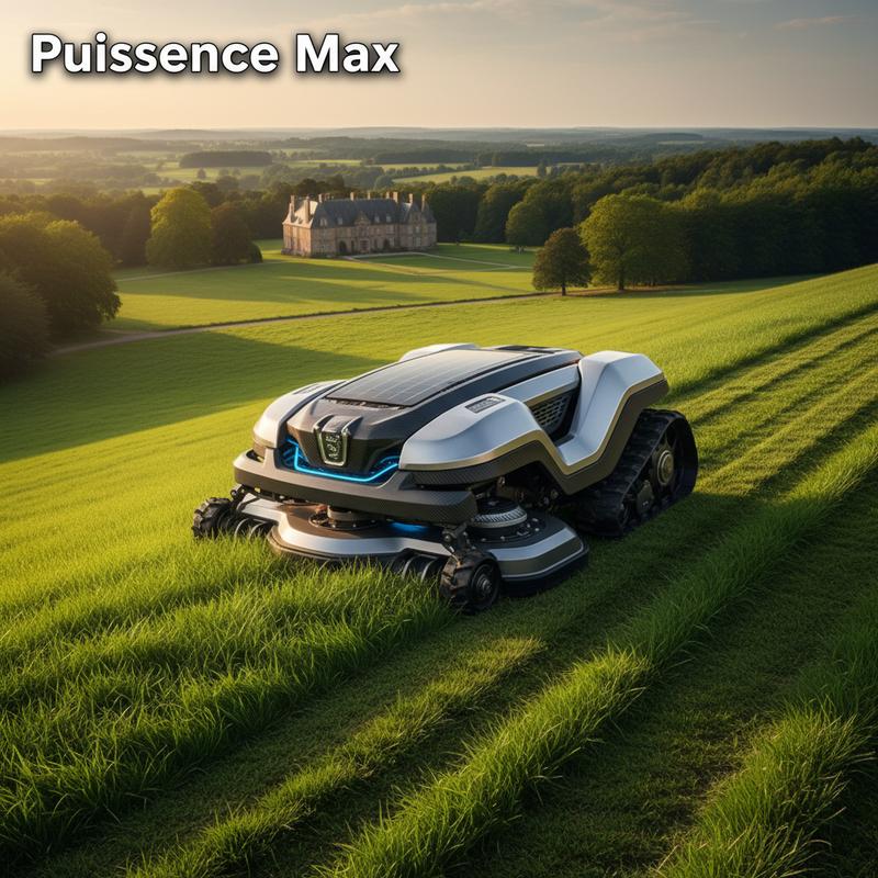 Robot tondeuse Viking iMow MI 632 PC gravissant une pente raide sur un grand domaine avec inscription Puissance Max visible sur le capot.
