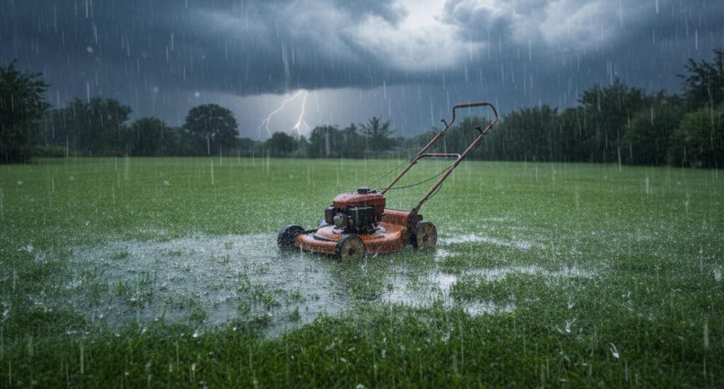 Tondeuse à main classique abandonnée sous une pluie battante sur une pelouse verte avec le texte Tondre sous la pluie en surimpression.