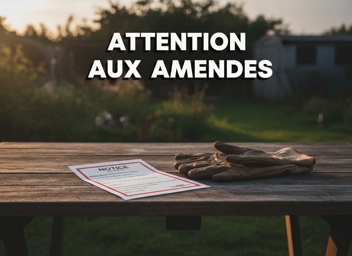 Un avis d'amende flou et des gants de travail sont posés sur une table de jardin en bois au crépuscule avec le texte Attention aux amendes.