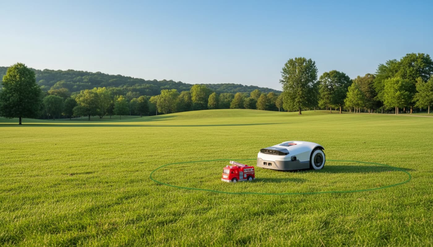 Robot tondeuse Gardena SILENO minimo circulant dans un passage étroit entre une terrasse et une haie au cœur d'un jardin urbain avec des sentiers en pierre.
