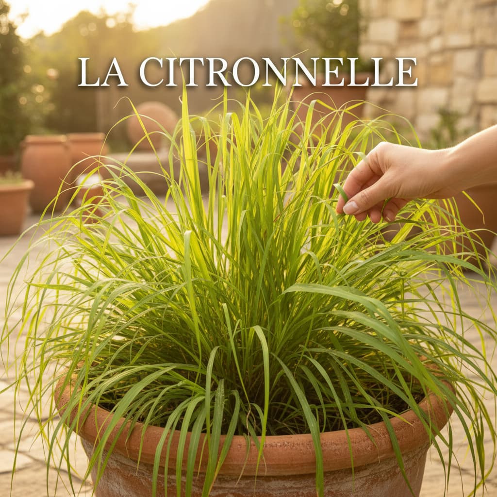 Main caressant les feuilles rétroéclairées d'une citronnelle de Madagascar en pot sur une terrasse avec inscription LA CITRONNELLE en surimpression.