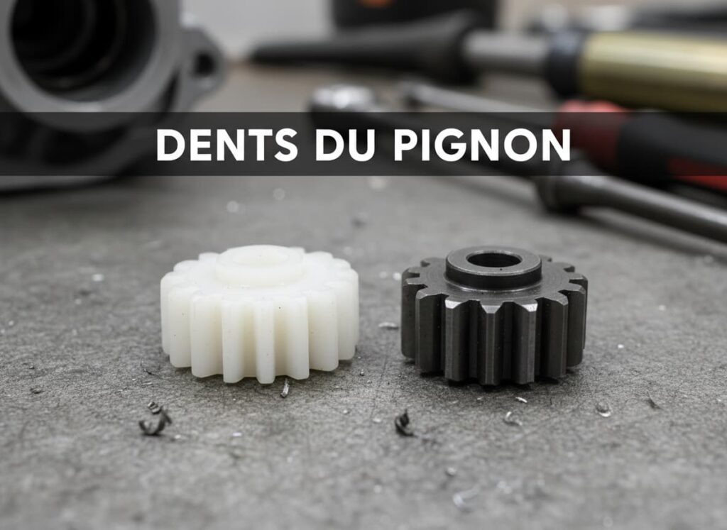 Deux pignons de démarreur sur un établi, l'un en plastique blanc à quatorze dents, l'autre en acier sombre à dix dents, avec la mention DENTS DU PIGNON.