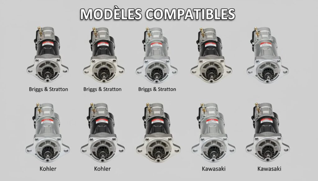 Démarreurs de moteurs de tondeuse Briggs & Stratton, Kohler et Kawasaki avec différentes fixations sur fond gris, sous texte Modèles Compatibles.