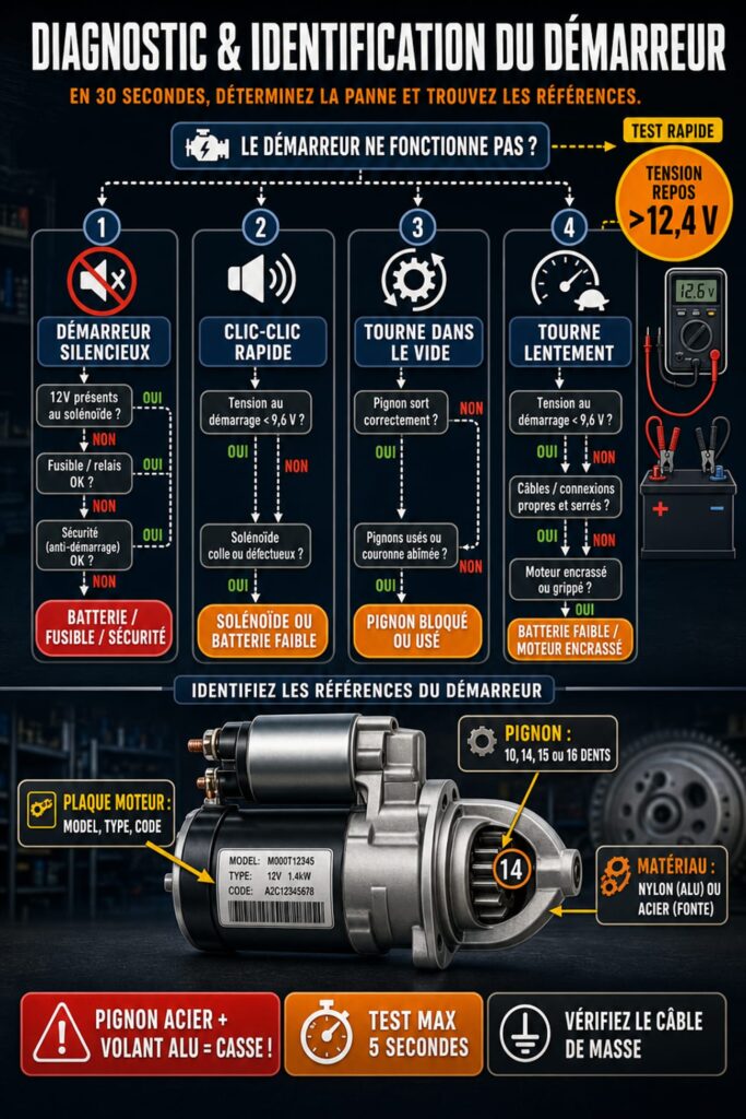 Infographie verticale de diagnostic et d'identification d'un démarreur avec arbre de décision, test rapide de tension, schéma technique annoté et alertes de sécurité.