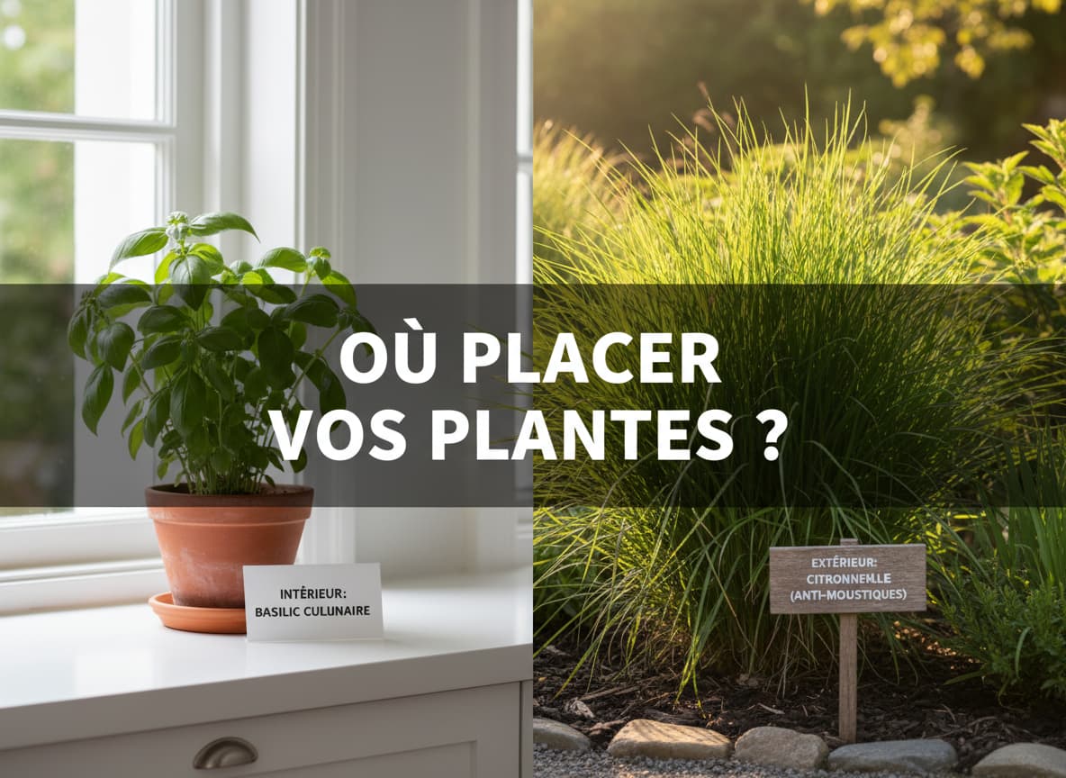 Un pot de basilic sur un rebord de fenêtre de cuisine et de la citronnelle dans un jardin ensoleillé illustrent le texte OÙ PLACER VOS PLANTES ?