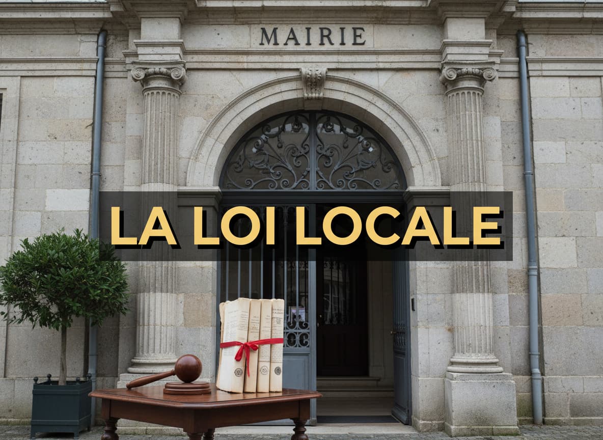 Plaque officielle d'une mairie française à côté d'un marteau de juge et de dossiers administratifs avec le texte La Loi Locale en surimpression.