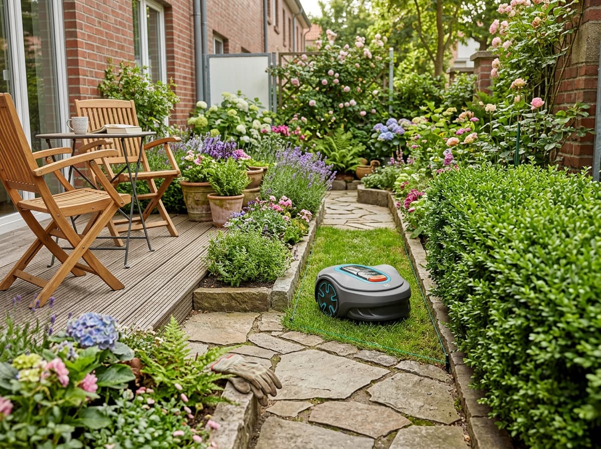Robot de tonte Yard Force Classic 500 posé sur une pelouse rase et ensoleillée, soulignant son châssis robuste et son interface de commande simplifiée.