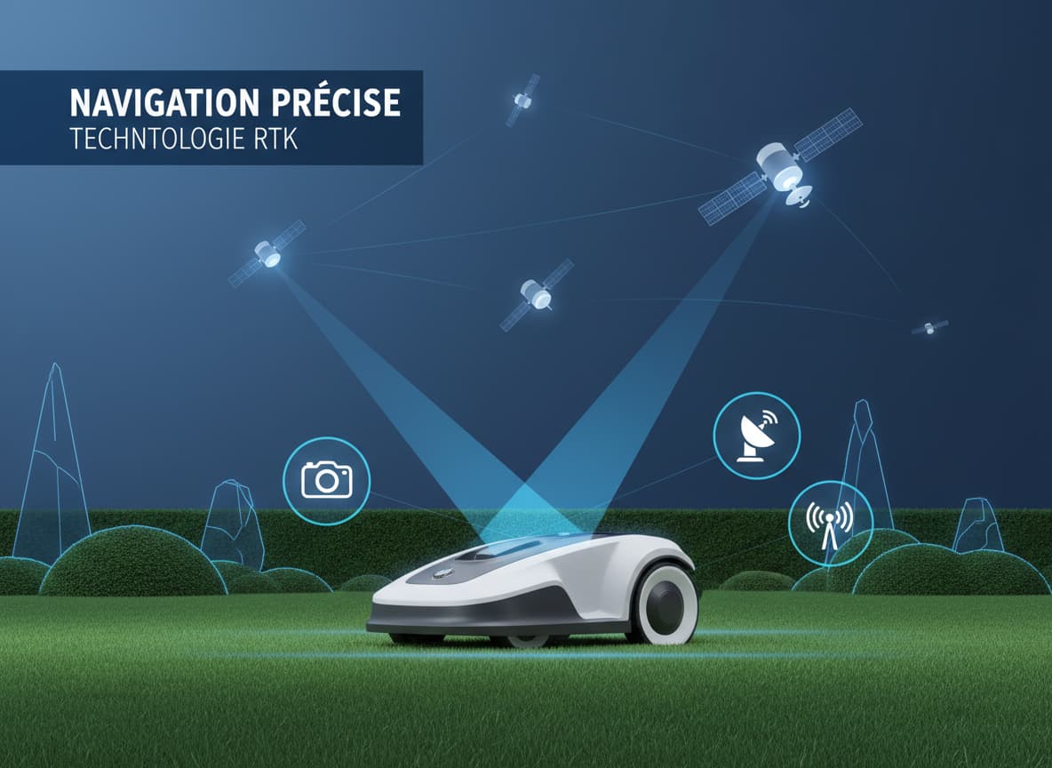 Tondeuse robot Mova 600 blanche posée sur gazon vert, design compact et capteurs frontaux visibles.