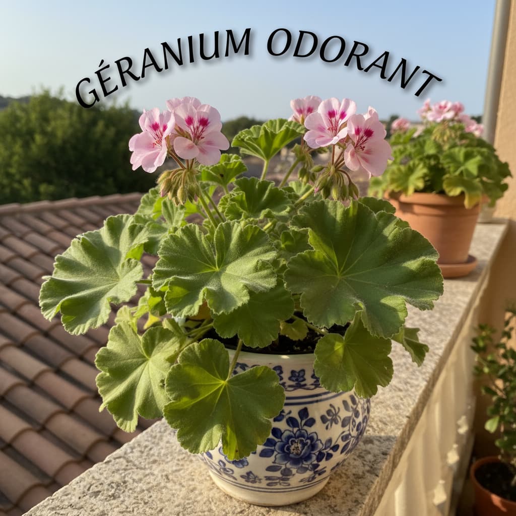 Géranium odorant aux feuilles vertes lobées et fleurs roses dans un pot décoratif sur un balcon avec le texte GÉRANIUM ODORANT.