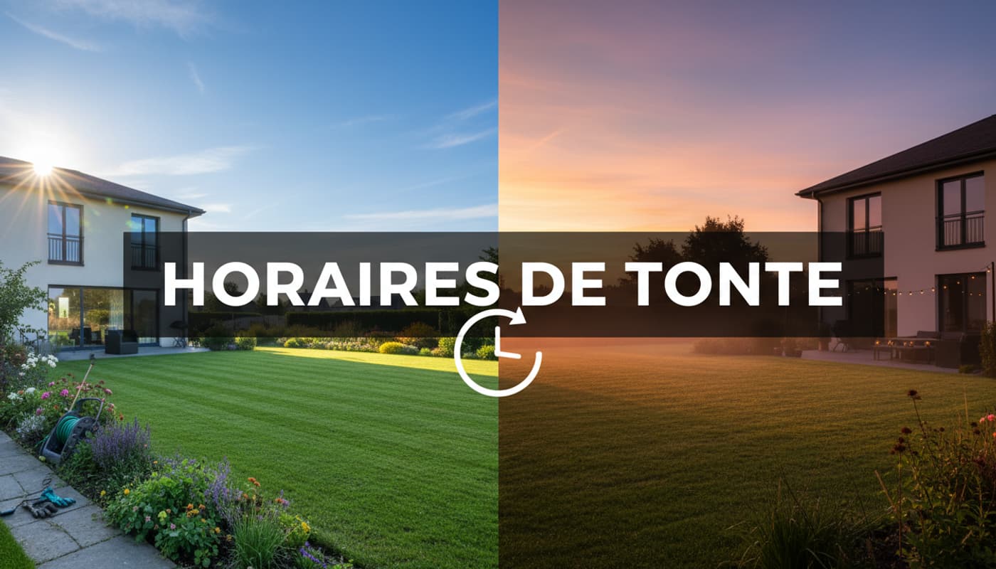 Montage en écran scindé d'une pelouse tondue au soleil matinal et au crépuscule avec une icône d'horloge et le texte Horaires de tonte.