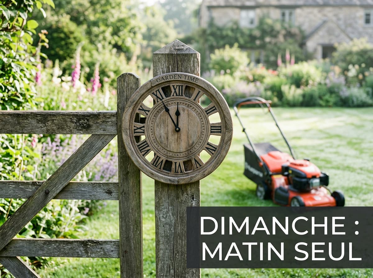 Une horloge murale en bois affiche onze heures près d'un portillon de jardin avec une tondeuse à gazon sur l'herbe humide et l'inscription Dimanche Matin Seul.