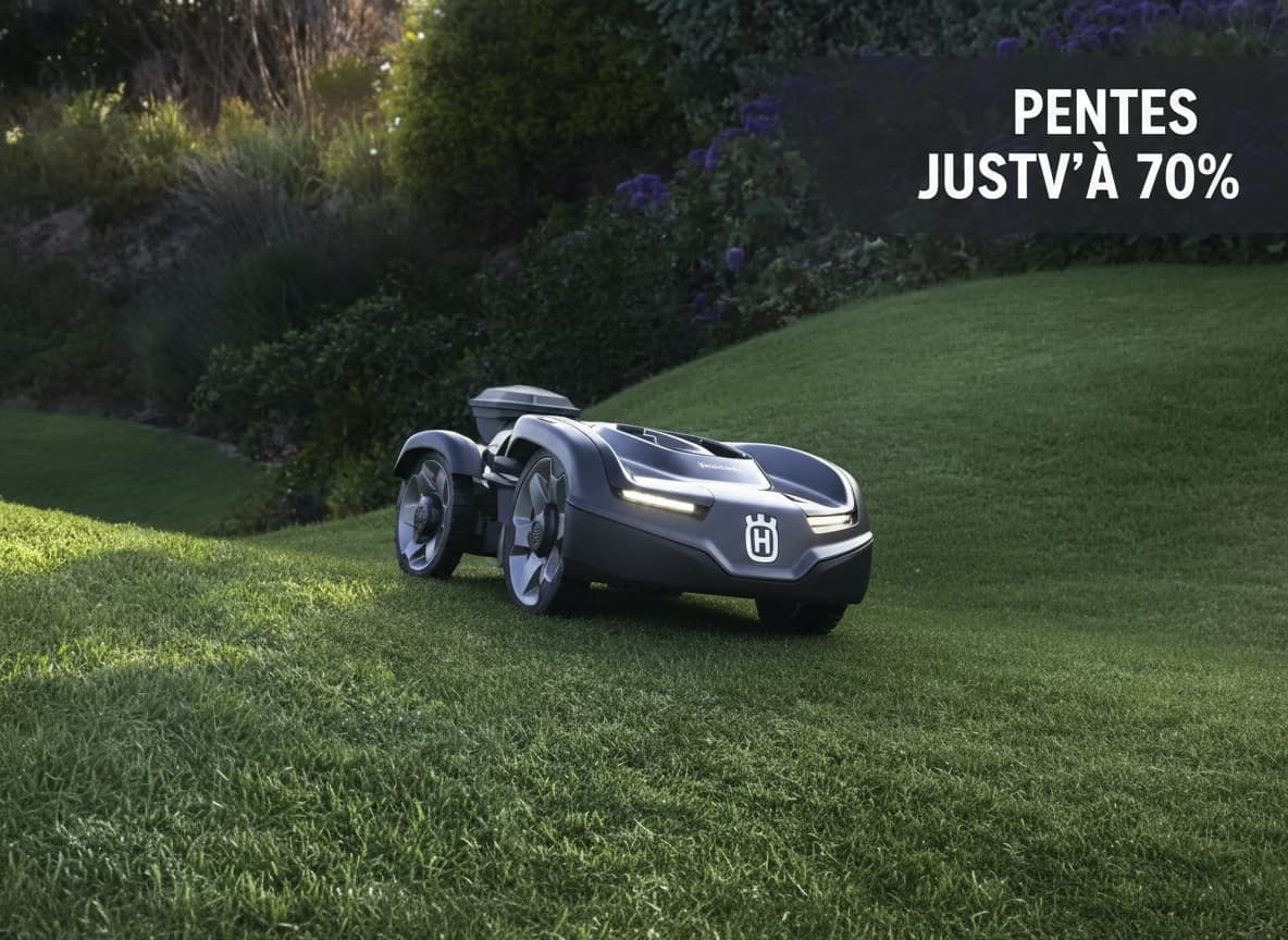 Le robot tondeuse Mammotion LUBA 3 AWD progresse sur un terrain sauvage aux herbes hautes, révélant ses roues crantées et son double plateau de coupe en action.
