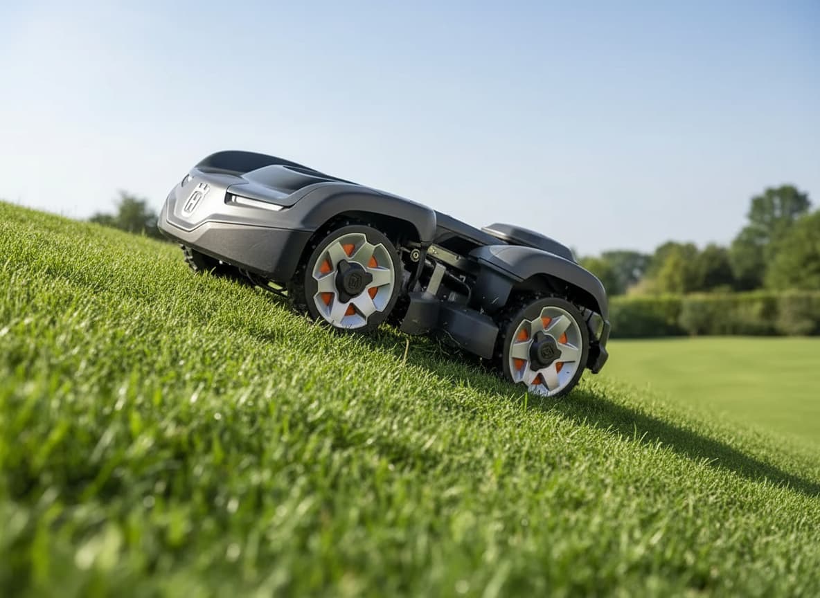 Robot tondeuse Husqvarna Automower 435X AWD à châssis articulé grimpant une pente d'herbe de 70 pour cent en contre-plongée.