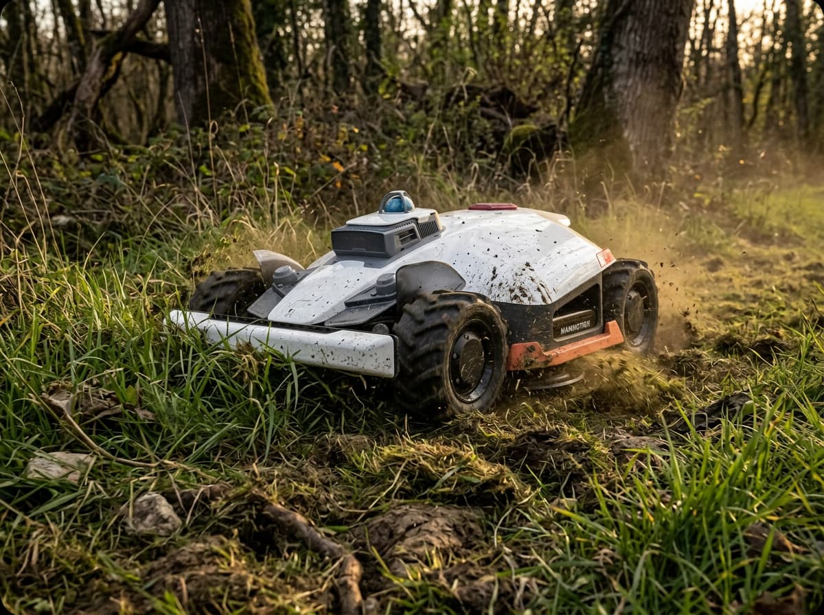 Tondeuse robot immobilisée près d'un mur de briques sous des chênes, avec icône rouge indiquant déconnexion du signal satellite et texte LIMITES DU SIGNAL.