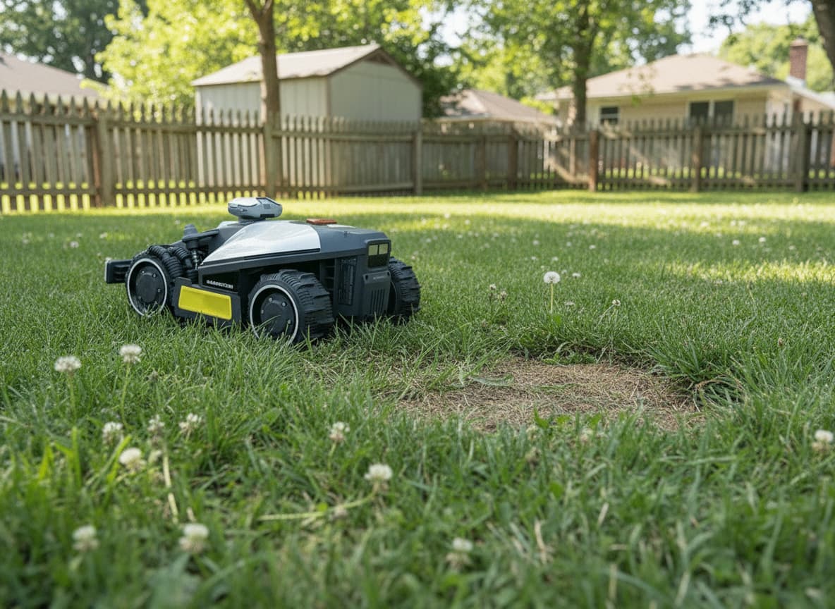 Robot tondeuse Mammotion YUKA Mini 700 taille précisément les bordures d'une allée de jardin en plein soleil avec son design moderne et ses roues visibles.