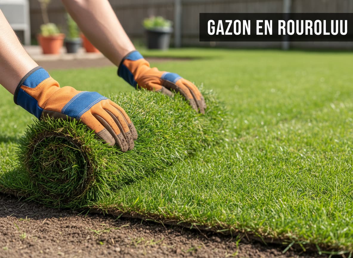 Mains gantées déroulant un rouleau de gazon naturel bien vert sur une terre préparée avec la mention Gazon en rouleau en superposition.