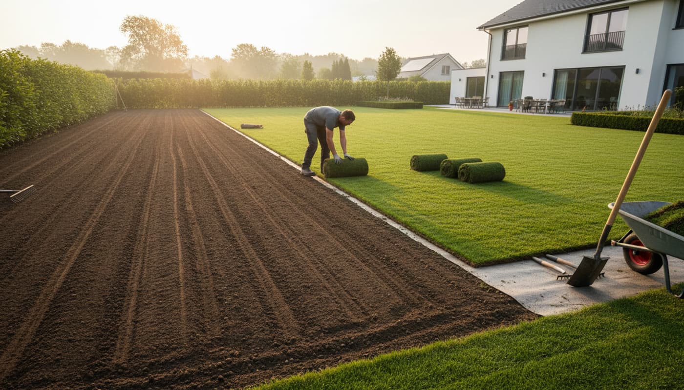 Un jardinier professionnel pose des rouleaux de gazon naturel sur une terre ratissée dans un jardin résidentiel baigné par la lumière du matin.