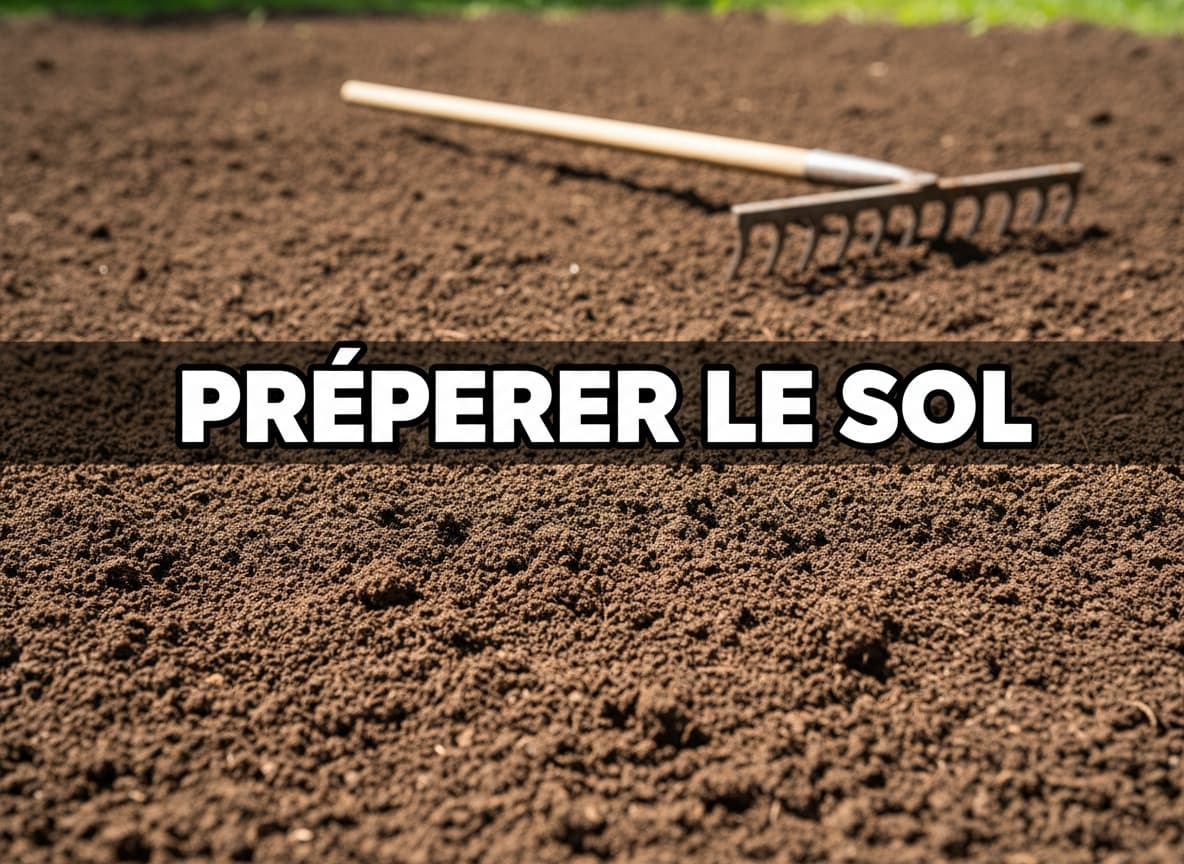 Vue rapprochée d'une terre sombre bien ratissée pour un potager, avec un râteau en bois en arrière-plan, prête à recevoir les semences.