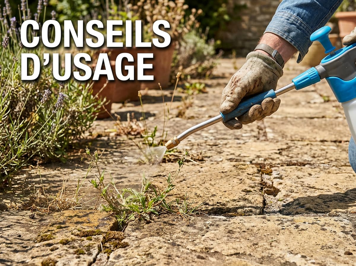 Main de jardinier ciblant des mauvaises herbes entre les dalles d'une terrasse au pulvérisateur manuel avec texte Conseils d'usage en surimpression.