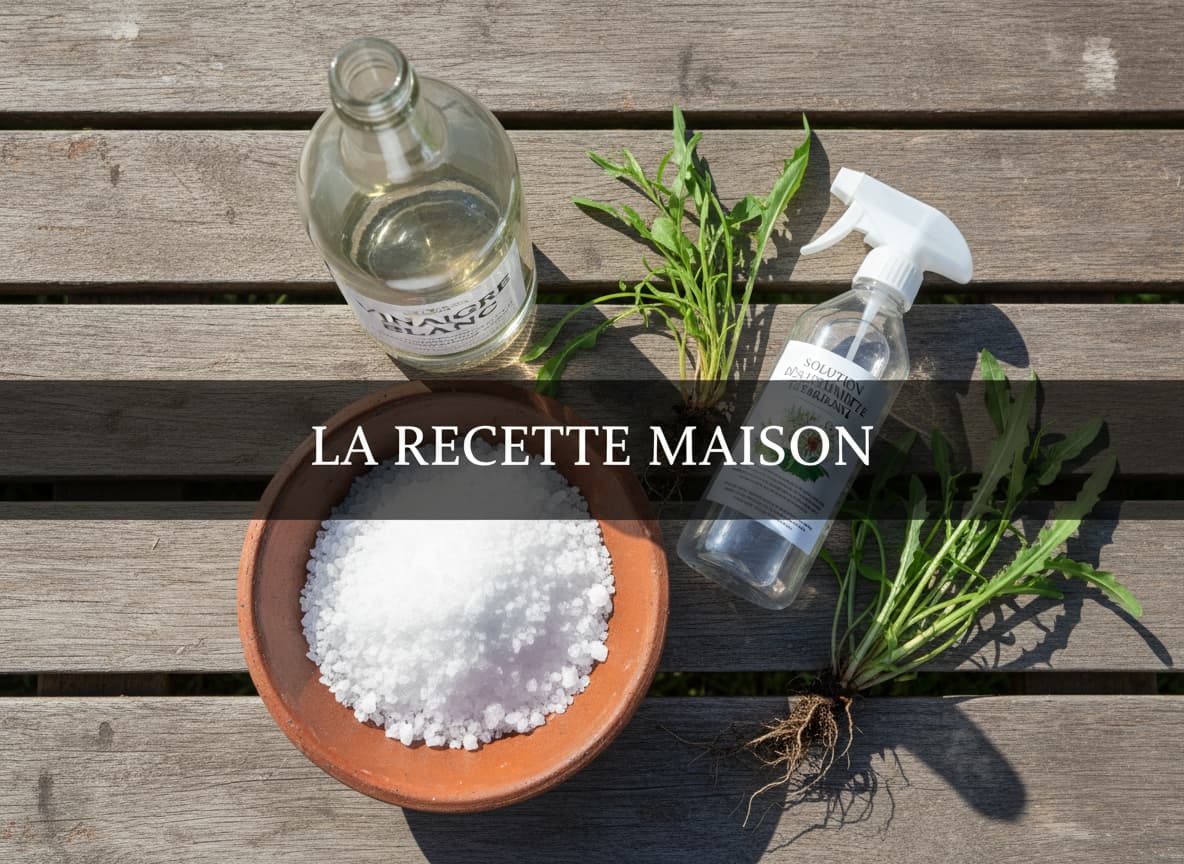 Bouteille de vinaigre blanc, bol de gros sel et vaporisateur sur un banc en bois avec des mauvaises herbes, accompagnés du texte LA RECETTE MAISON.
