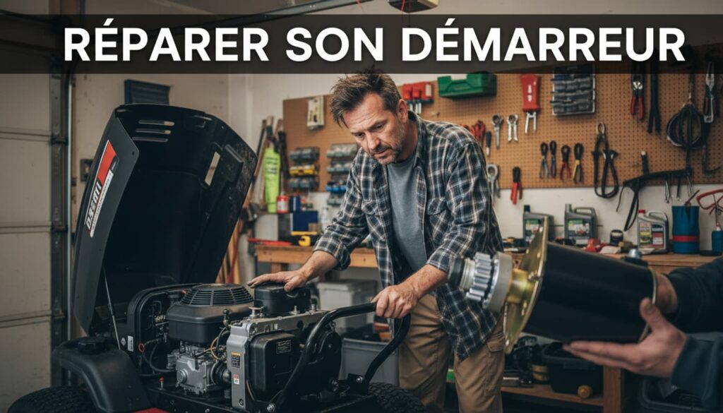 Propriétaire examine une tondeuse autoportée avec capot ouvert tandis qu'une main montre un démarreur neuf sous le texte RÉPARER SON DÉMARREUR.