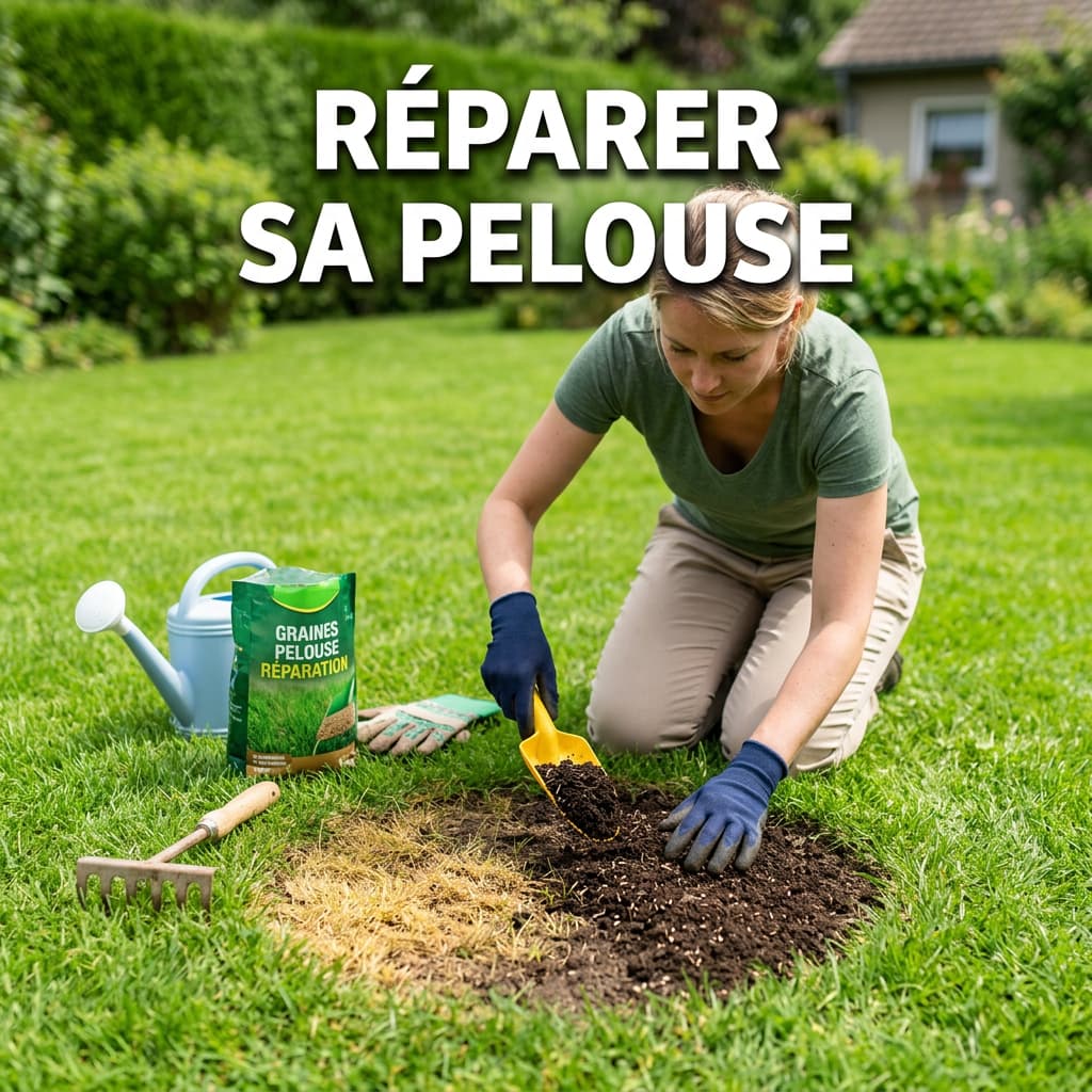 Un jardinier applique un mélange de terreau et de semences sur une zone de gazon clairsemée près d'un râteau à main sous le titre Réparer sa pelouse.